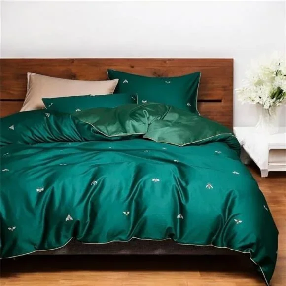 NEW Anthro Emerald Green Bee Boho Queen / King Size Bedding Duvet Sham Case Set - Picture 1 of 13